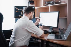 agent de change en chemise travaille dans une salle de surveillance avec écrans d'affichage. concept graphique de finance forex trading bourse. hommes d'affaires négociant des actions en ligne photo