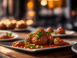 ai généré Boulettes de viande cette Regardez délicieux contre une flou arrière-plan, ai généré photo