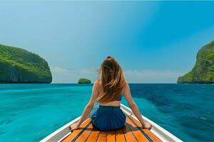 ai généré Jeune femme voyageur relaxant sur le bateau. été Voyage et vacances concept photo