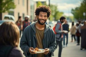 ai généré souriant noir sans abri homme en mangeant gratuit nourriture dans une rue cantine photo