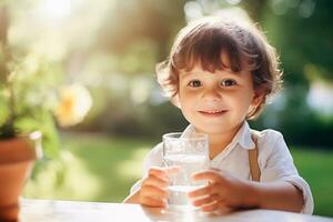 ai généré une Beau souriant garçon les boissons l'eau de une verre tandis que séance à une table dans la nature dans le village photo