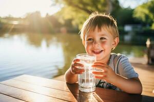 ai généré mignonne enfant les boissons l'eau de une verre dans la nature contre le Contexte de une rivière dans le village photo