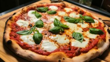 ai généré Frais juteux Pizza avec mozzarella fromage, tomates, et basilic herbes sur une noir Contexte photo