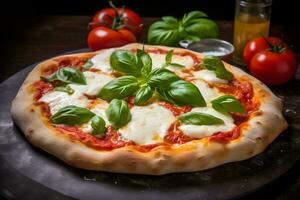 ai généré Frais juteux Pizza avec mozzarella fromage, tomates, et basilic herbes sur une noir Contexte photo