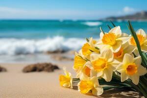 ai généré fleurs sur plage photo