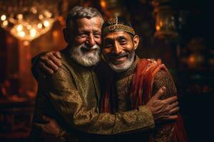 ai généré deux vieux Hommes étreindre chaque autre photo