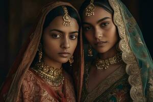 ai généré magnifique Indien femmes portant traditionnel bijoux photo