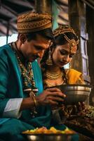 ai généré culturel tradition - dans Indien tenue, une homme et femme participer dans une cérémonie. photo