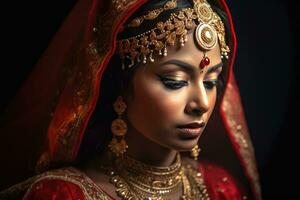 ai généré élégant Indien femme orné avec traditionnel bijoux photo
