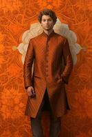 ai généré élégant homme dans traditionnel Orange Indien costume photo