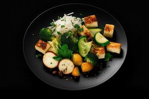 ai généré légume salade sur une noir assiette photo