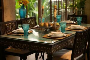 ai généré à manger pièce table avec verre assiettes et argenterie photo