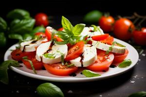 ai généré caprese salade avec Frais mozzarella, haché tomates, basilic feuilles, olive huile. photo