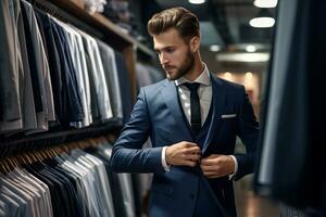 ai généré homme d'affaire en essayant sur une veste dans une boutique boutique photo