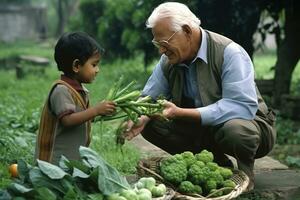 ai généré une Jeune enfant apprentissage à propos des légumes de un plus âgée homme photo