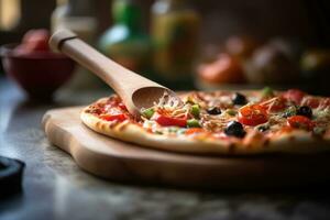 ai généré fraîchement fabriqué Pizza sur une en bois Coupe planche photo