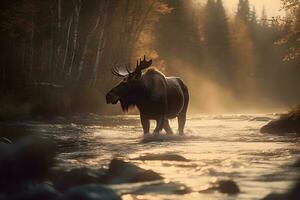 ai généré taureau élan pendant le rut dans Wyoming dans automne. neural réseau ai généré photo