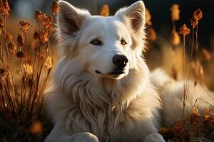 ai généré portrait de blanc Suisse berger chien sur une nature, proche en haut photo, Matin lumière. ai art photo