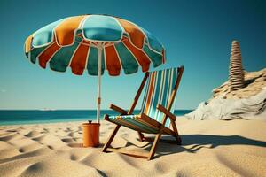 ai généré bord de mer confort plage chaise et parapluie sur sablonneux rive scène photo