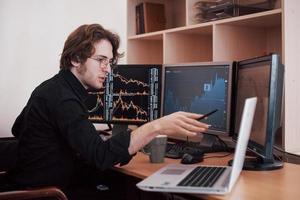 journée stressante au bureau. jeune homme d'affaires tenant la main sur son visage alors qu'il était assis au bureau dans un bureau de création. bourse trading forex finance concept graphique photo