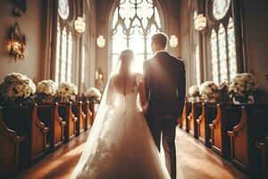 ai généré magnifique caucasien blanc la mariée et jeune marié ensemble dans le église photo