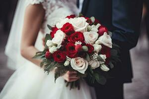 ai généré fermer coup de une mariage couple en portant une fleur bouquet avec blanc et des roses photo