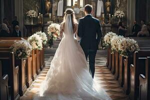 ai généré magnifique caucasien blanc la mariée et jeune marié ensemble dans le église photo