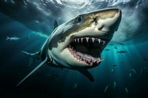 ai généré Marin menace requin avec puissant mâchoires nager dans Profond bleu photo