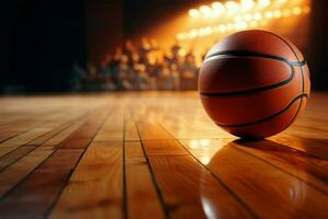 ai généré cerceaux intensité basketball tournoi sur une texturé bois tribunal Contexte photo