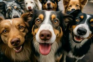 ai généré pattes et pose groupe de chiens pose pour une espiègle selfie photo