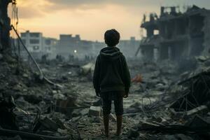 ai généré innocence au milieu de ruines une enfant des stands par une détruit bâtiment photo