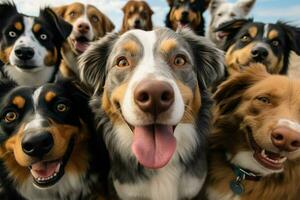 ai généré pattes et pose groupe de chiens pose pour une espiègle selfie photo