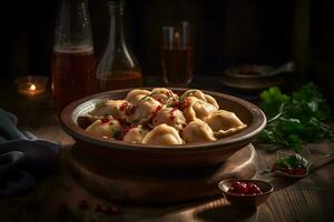 ai généré délicieux Dumplings dans le pot sur le tableau. neural réseau ai généré photo