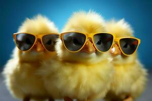 ai généré cool poussin petit Jaune la volaille portant des lunettes de soleil, content ferme bébé photo