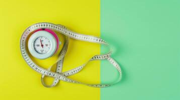 ai généré Haut vue de mesure ruban et une chronomètre, nutrition conseils photo