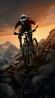 ai généré cycliste équitation le bicyclette sur le rocheux Piste à le coucher du soleil. extrême sport concept photo