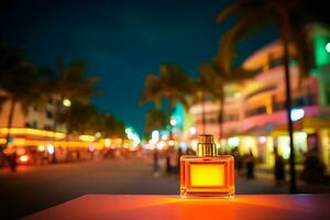 ai généré parfum bouteille sur le Contexte de le nuit néon ville. neural réseau ai généré photo