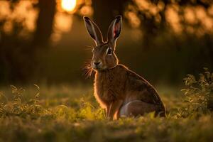 ai généré solitaire sauvage marron allumé par chaud soir lumière à crépuscule. neural réseau ai généré photo