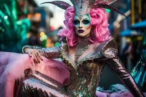 ai généré femme dans plume costume à carnaval. neural réseau ai généré photo