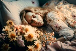 ai généré Jeune jolie fille en train de dormir sur fleurs. neural réseau ai généré photo