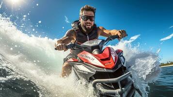 ai généré portrait de une homme monte une jet ski sur le plage. Jeune adulte Masculin est content tandis que jet ski. vacances, fin de semaine, les vacances concept. génératif ai photo