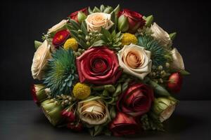 ai généré magnifique de mariée bouquet de différent fleurs sur une foncé Contexte. ai génératif photo