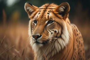 ai généré fermer portrait de une magnifique tigre dans le herbe dans le sauvage. génératif ai photo