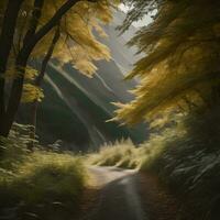 ai généré enroulement route dans le l'automne forêt. génératif ai photo