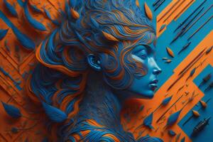 ai généré magnifique femme visage avec bleu cheveux et Orange et bleu Contexte. génératif ai photo