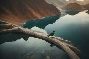 ai généré oiseau sur le bord de une Lac dans le montagnes, génératif ai photo