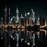 ai généré Dubai horizon à nuit avec réflexion dans eau, génératif ai photo