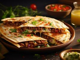 ai généré délicieux mexicain Quesadilla avec haché Viande, des légumes et légumes verts. traditionnel nourriture, Latin Américain, mexicain cuisine. photoréaliste, Contexte avec bokeh effet. ai généré. photo