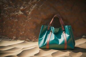 ai généré vert cuir sac sur le plage avec mer et ciel dans le Contexte. génératif ai photo