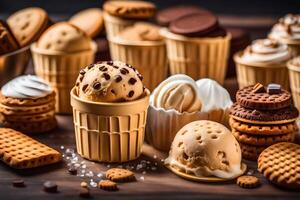 ai généré divers la glace crème cônes et biscuits sur une table photo